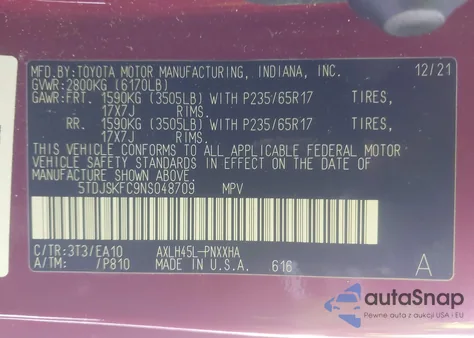 2022 Toyota Sienna Xle z USA, uszkodzony, nr VIN 5TDJSKFC9NS048709